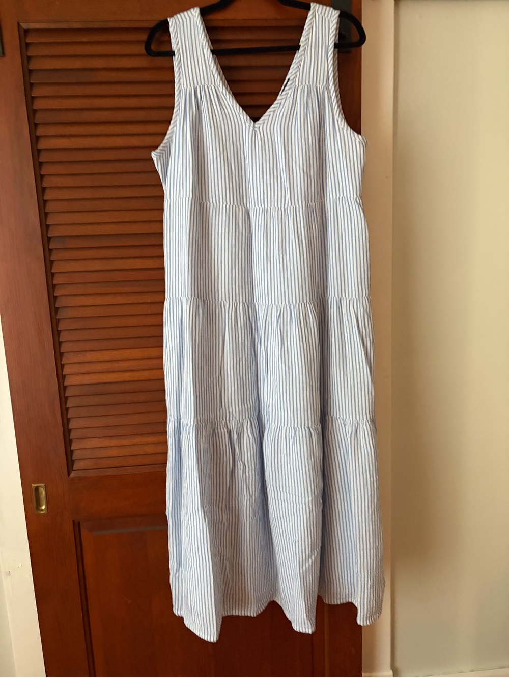 Quince Blue and White Striped V-Neck Tiered Maxi Dress